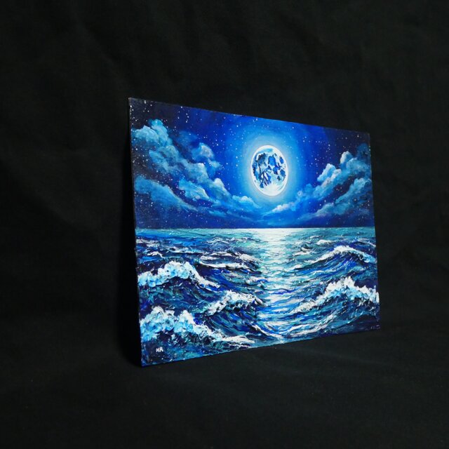 油彩画 原画】奇跡の瞬き 〜海を照らす蒼き満月〜（黒の額縁付き・卓上