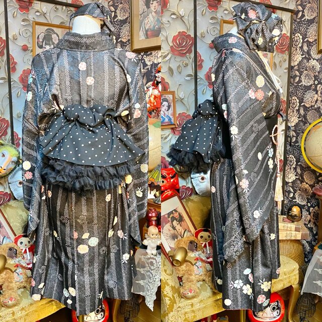着物 ミニミディ ワンピース ドレス リメイク カチューシャ 帯バッスル