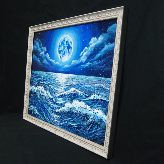 油彩画 原画【月華の海】額装入り 満月と波の風景画 額縁付き 一点物