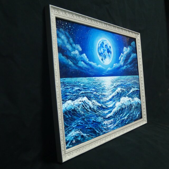 油彩画 原画【月華の海】額装入り 満月と波の風景画 額縁付き 一点物