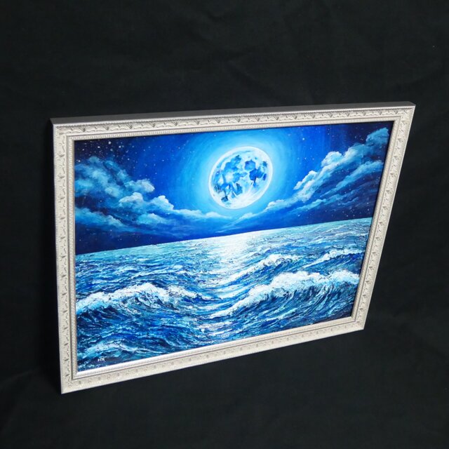 油彩画 原画【月華の海】額装入り 満月と波の風景画 額縁付き 一点物