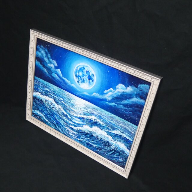 油彩画 原画【月華の海】額装入り 満月と波の風景画 額縁付き 一点物