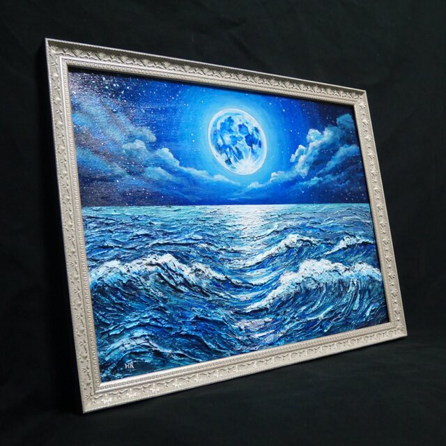 油彩画 原画【月華の海】額装入り 満月と波の風景画 額縁付き 一点物