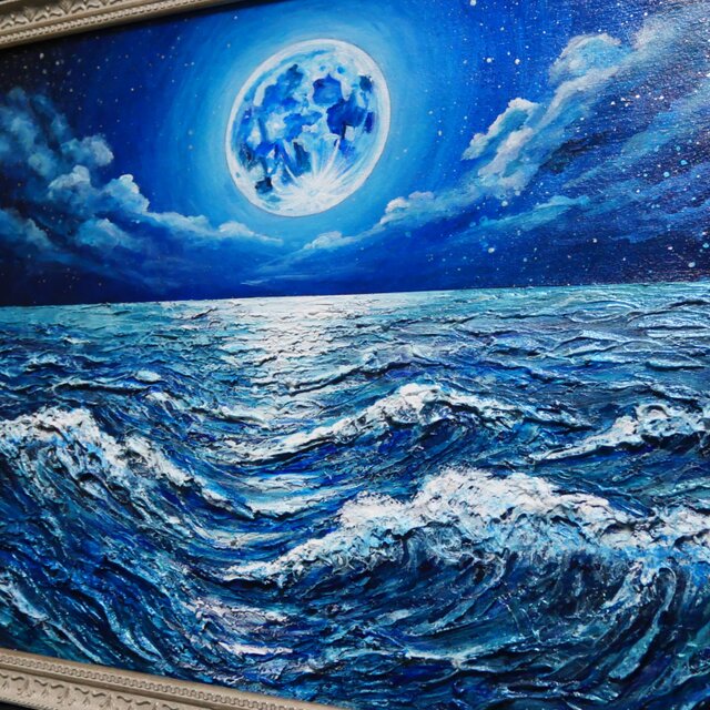 油絵　絵画額縁/抽象画/静物画/油彩画/油絵/風景画/額装/原画 油彩画 原画【月華の海】額装入り 満月と波の風景画 額縁付き 一点物