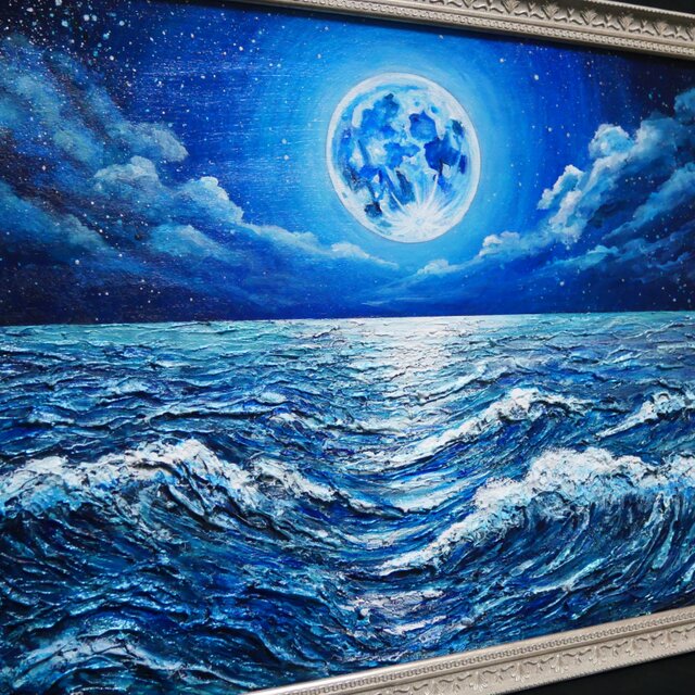 油彩画 原画【月華の海】額装入り 満月と波の風景画 額縁付き 一点物