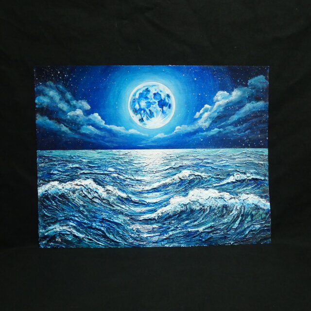 油彩画 原画【月華の海】額装入り 満月と波の風景画 額縁付き 一点物