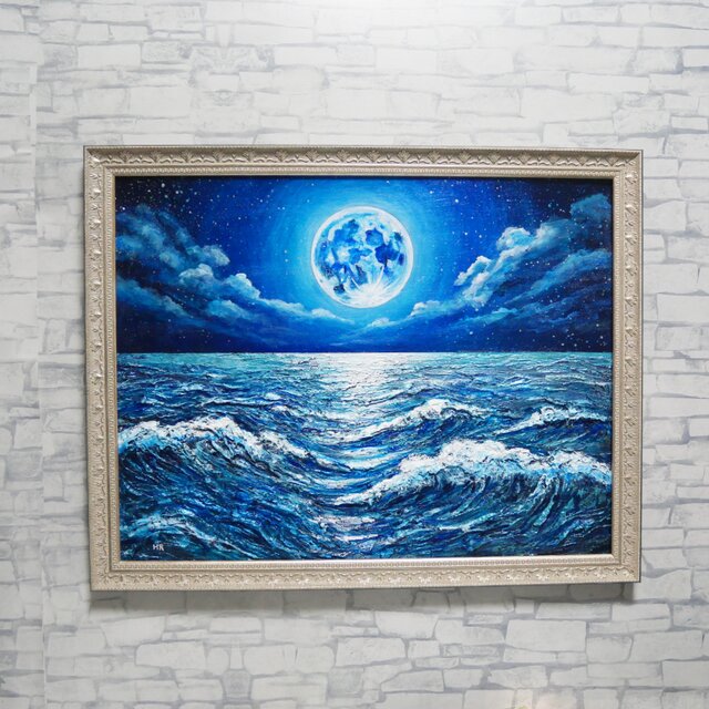 油彩画 原画【月華の海】額装入り 満月と波の風景画 額縁付き 一点物