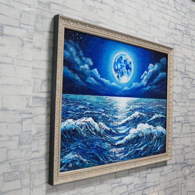 油彩画 原画【月華の海】額装入り 満月と波の風景画 額縁付き 一点物