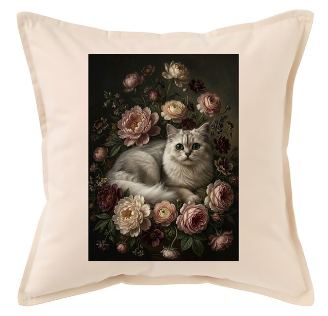 猫（チンチラペルシャ）クッション 45cm 花の油絵風カラーアート