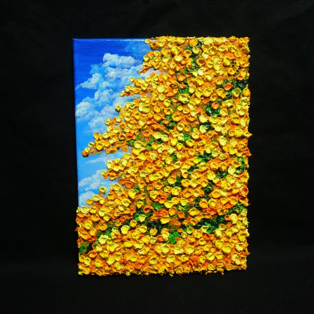 F4号油絵 原画【風とはずむミモザ】春を告げる黄色い花 ｜インテリア