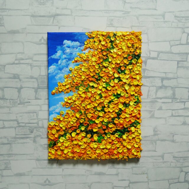 油絵 油彩 油彩画 絵 絵画【ミモザ】F4号 F4号油絵 原画【風とはずむミモザ】春を告げる黄色い花 ｜インテリア