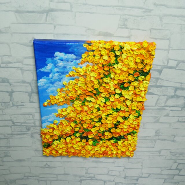 【F4号】ドクダミの花 油絵 oil painting 原画 黄色 イエロー F4号油絵 原画【風とはずむミモザ】春を告げる黄色い花 ｜インテリア