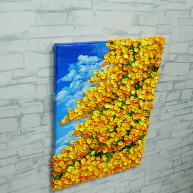 F4号油絵 原画【風とはずむミモザ】春を告げる黄色い花 ｜インテリア