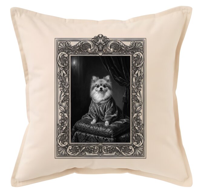 世界一可愛い犬 ぽんちゃんのアート作品 額縁付き【完全非売品】 犬（ポメラニアン）クッション 45cm ルネサンス風モノクロアート 額縁