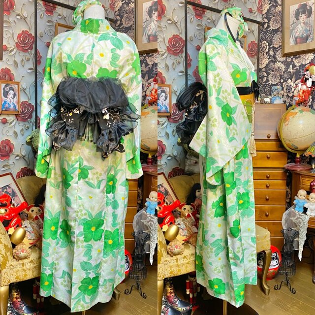 着物リメイクロングワンピース【1点もの】とても良い生地です　専用になりました 着物 ロングワンピース ドレス リメイク カチューシャ 帯バッスル 和洋