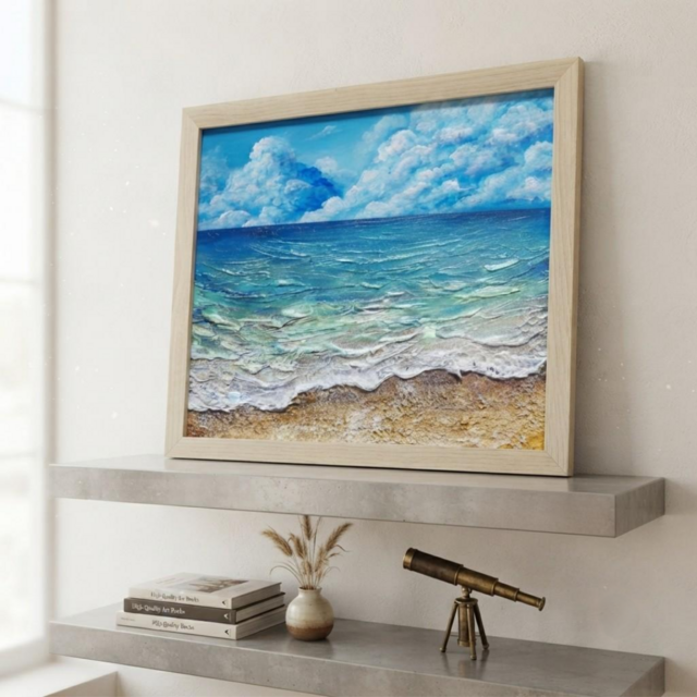 絵画海　手描き　インテリア　オーシャン　原画　波　油絵 夏を彩る青の世界】原画『深呼吸する、エメラルド・ビーチ』油絵/油彩