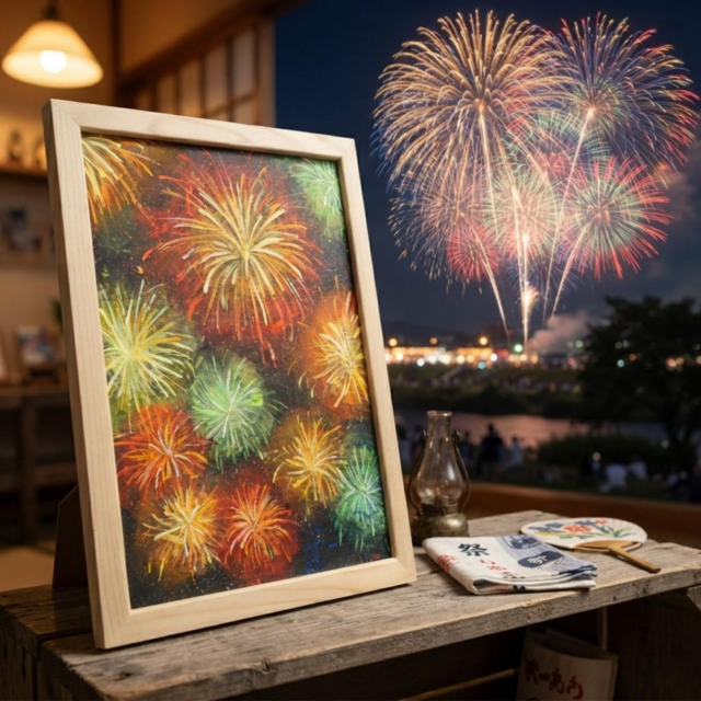 百花繚乱の夜に】 油絵 原画 『花火』 額縁付き / 夏のインテリア