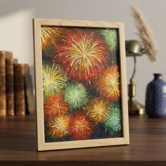 百花繚乱の夜に】 油絵 原画 『花火』 額縁付き / 夏のインテリア