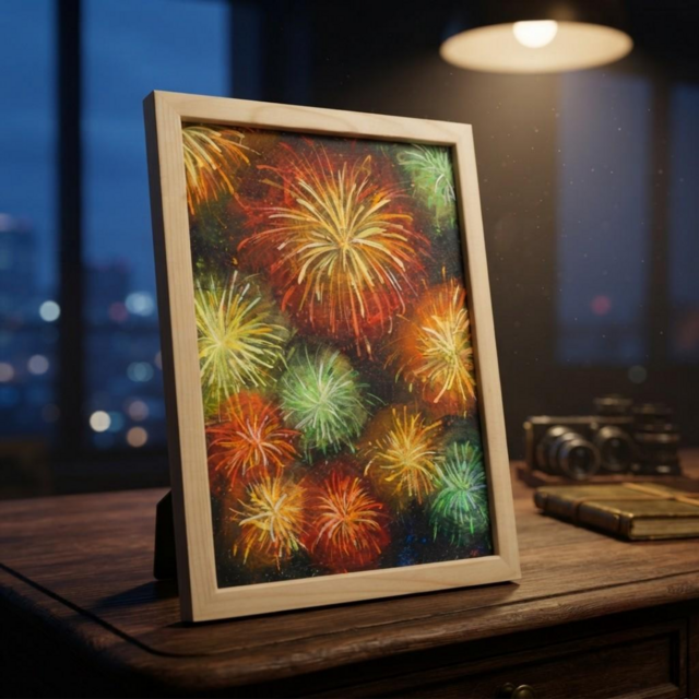 百花繚乱の夜に】 油絵 原画 『花火』 額縁付き / 夏のインテリア