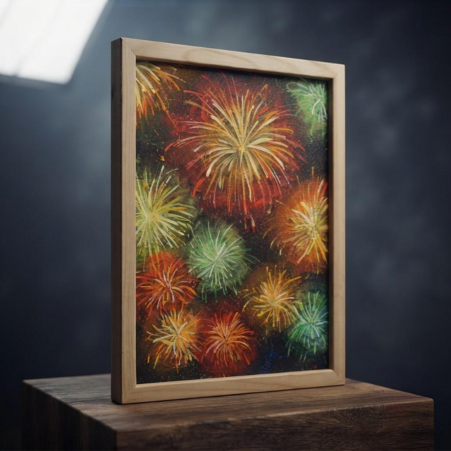 油彩画　花火　絵画　額縁　インテリア　ビーズ 百花繚乱の夜に】 油絵 原画 『花火』 額縁付き / 夏のインテリア