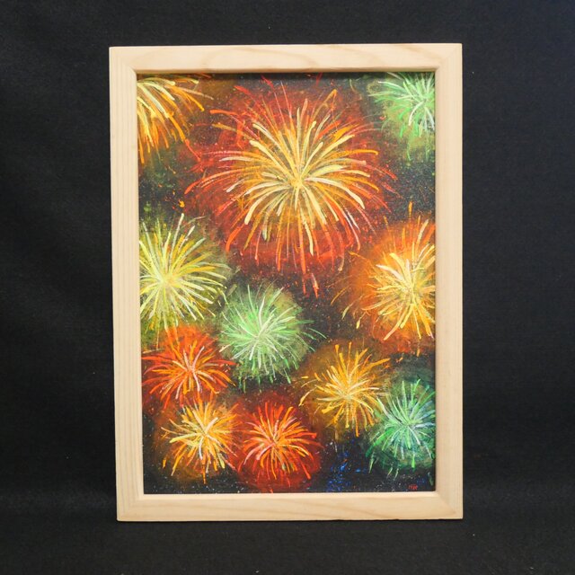 油彩画　花火　絵画　額縁　インテリア　ビーズ 百花繚乱の夜に】 油絵 原画 『花火』 額縁付き / 夏のインテリア