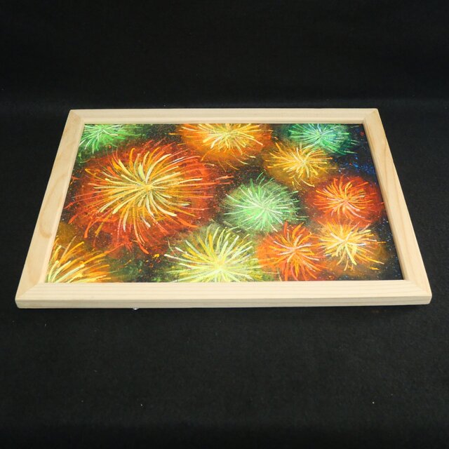 油彩画　花火　絵画　額縁　インテリア　ビーズ 百花繚乱の夜に】 油絵 原画 『花火』 額縁付き / 夏のインテリア
