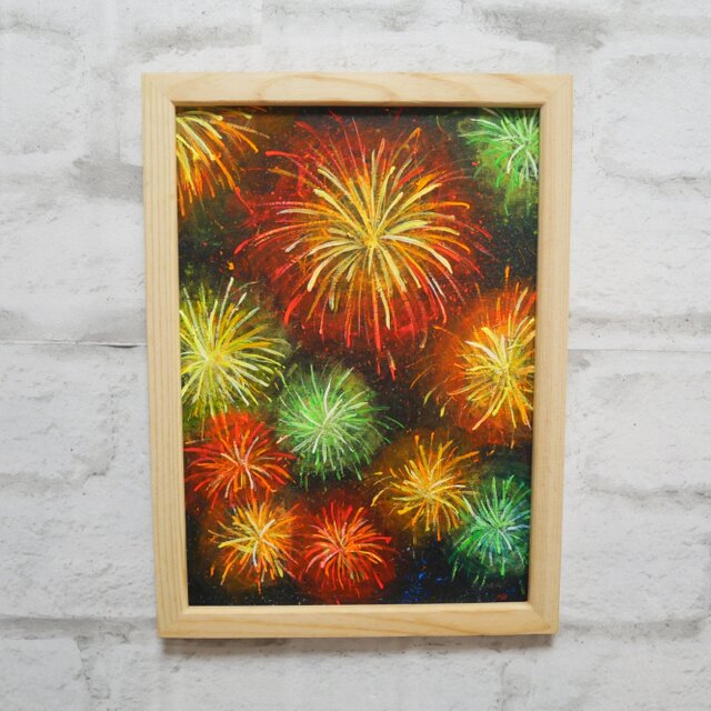 油彩画　花火　絵画　額縁　インテリア　ビーズ 百花繚乱の夜に】 油絵 原画 『花火』 額縁付き / 夏のインテリア