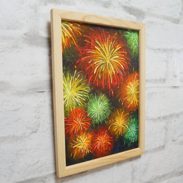 百花繚乱の夜に】 油絵 原画 『花火』 額縁付き / 夏のインテリア