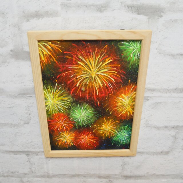 百花繚乱の夜に】 油絵 原画 『花火』 額縁付き / 夏のインテリア