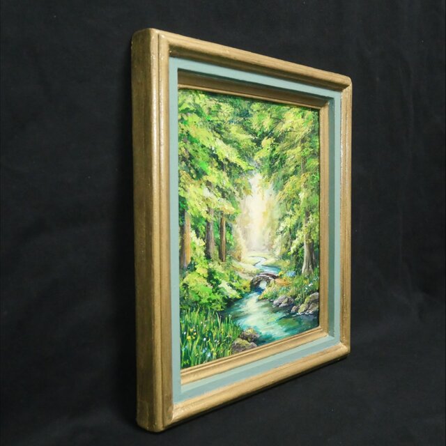 油絵【深緑に溶ける光の記憶】新緑 初夏 森 風景画 絵画 額縁付き