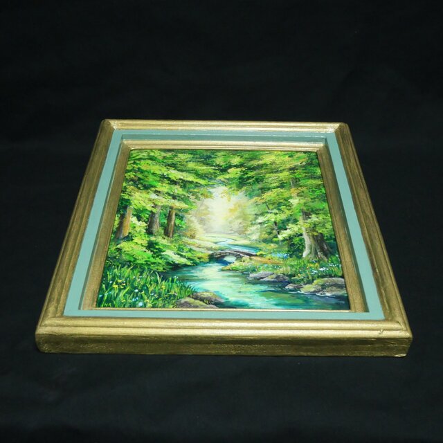 風景画 油彩画 油絵 額縁 壁掛け 油絵【深緑に溶ける光の記憶】新緑 初夏 森 風景画 絵画 額縁付き