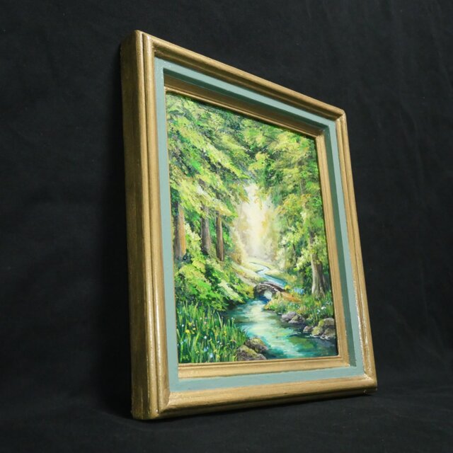 絵画インテリア絵 額付(青緑＋金色の枠) 油絵 F3-G172022 風景 祈り 油絵【深緑に溶ける光の記憶】新緑 初夏 森 風景画 絵画 額縁付き