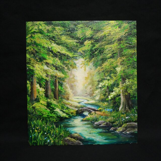 油絵 絵 絵画インテリア 額付(青緑＋金色の枠) F6-050313 人物女性像 油絵【深緑に溶ける光の記憶】新緑 初夏 森 風景画 絵画 額縁付き