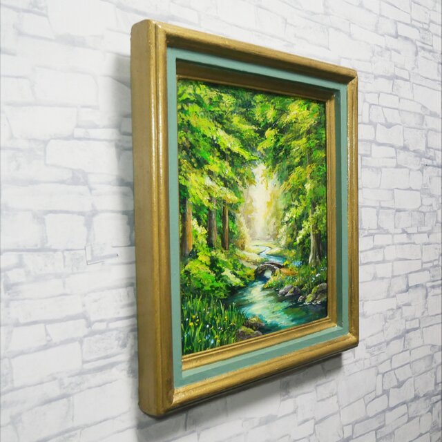 油絵【深緑に溶ける光の記憶】新緑 初夏 森 風景画 絵画 額縁付き