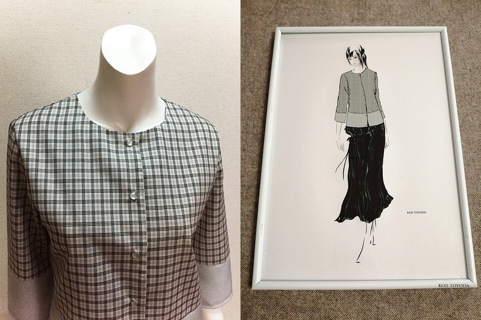 1点もの・デザイン画付き】格子チェック＆先染め生地ノーカラー 