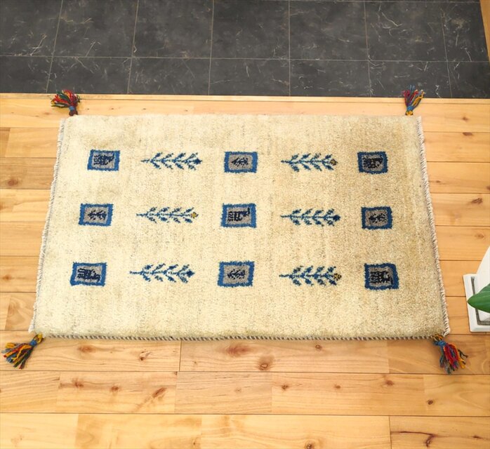 ハンドメイド 天然ウール ペルシャ ギャッベ 玄関マット 90x60
