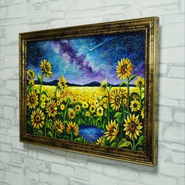 油彩画 A4原画「星巡る丘のひまわり」アンティーク調額縁入り / 大人の