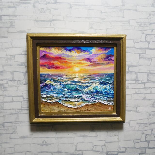 絵画 油絵【輝き満ちる海の夜明け】玄関やリビングの彩りに インテリア