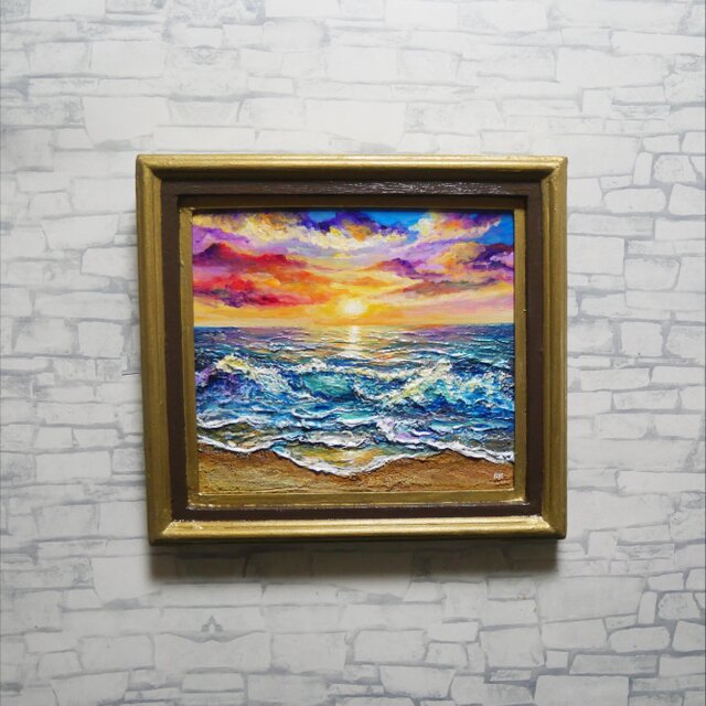 絵画 油絵【輝き満ちる海の夜明け】玄関やリビングの彩りに インテリア