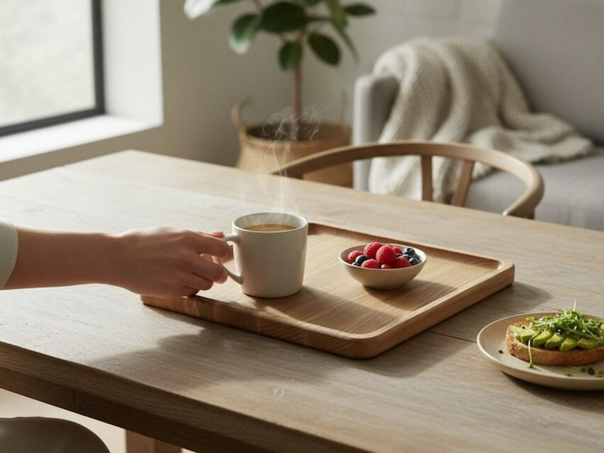 ミニマルデザインの木製多目的トレイ、正方形のアッシュウッド朝食