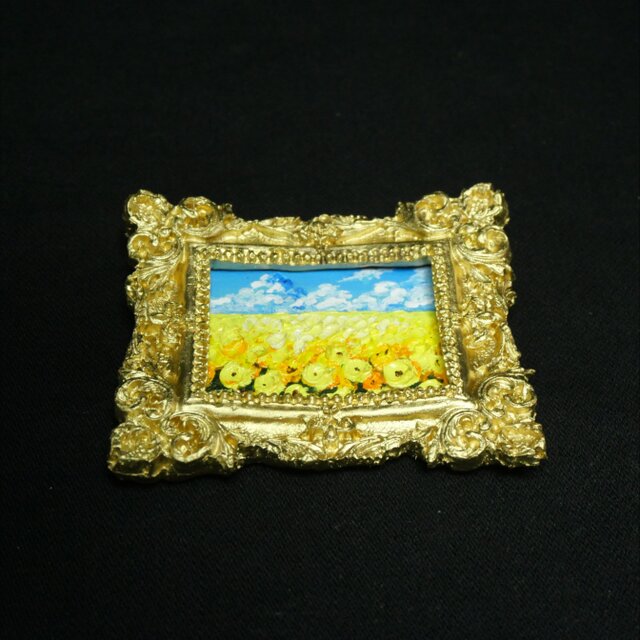 真作　原画　限定一点　油絵風　美術館の額縁風　黄金の審判者 原画】永遠の夏空とひまわり＊ミニ油絵・アンティーク調ゴールド額縁付