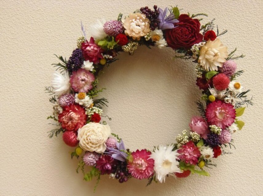 花いっぱいリース　赤