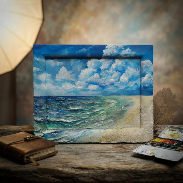 永遠の夏空と、きらめく波の記憶】海 油絵 原画 ミニ絵画 立体アート