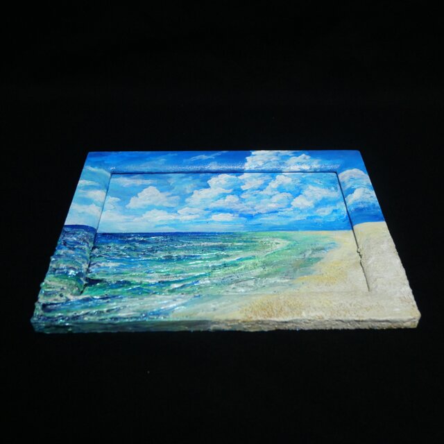 永遠の夏空と、きらめく波の記憶】海 油絵 原画 ミニ絵画 立体アート
