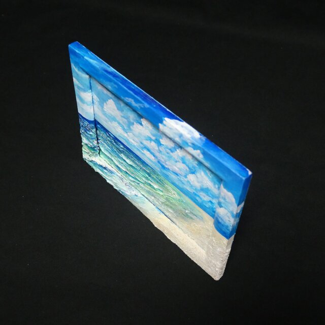 永遠の夏空と、きらめく波の記憶】海 油絵 原画 ミニ絵画 立体アート