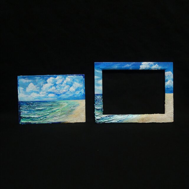 永遠の夏空と、きらめく波の記憶】海 油絵 原画 ミニ絵画 立体アート
