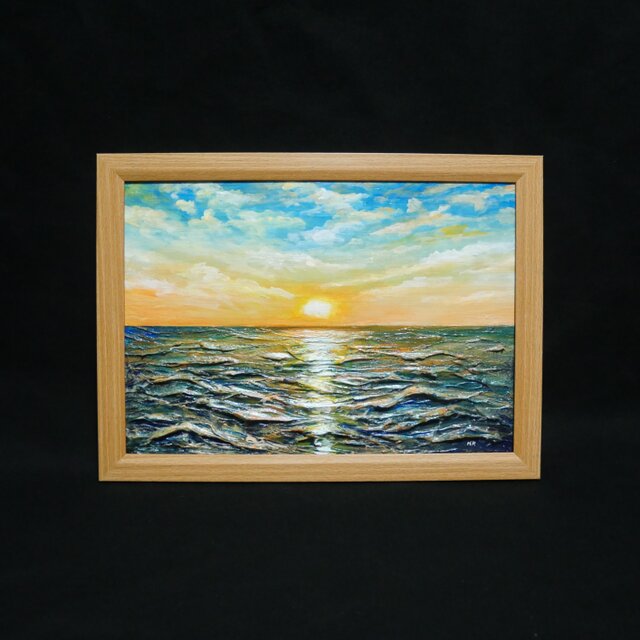 黎明のポリフォニー】朝日の海 油絵 A4額縁付 / 夏の夕日 朝焼け