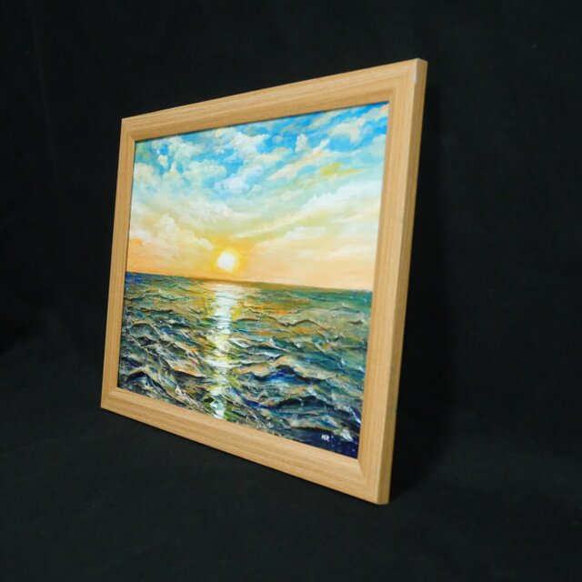 黎明のポリフォニー】朝日の海 油絵 A4額縁付 / 夏の夕日 朝焼け