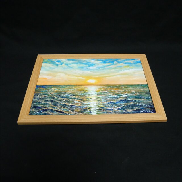黎明のポリフォニー】朝日の海 油絵 A4額縁付 / 夏の夕日 朝焼け