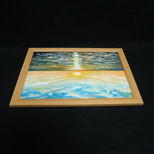 黎明のポリフォニー】朝日の海 油絵 A4額縁付 / 夏の夕日 朝焼け